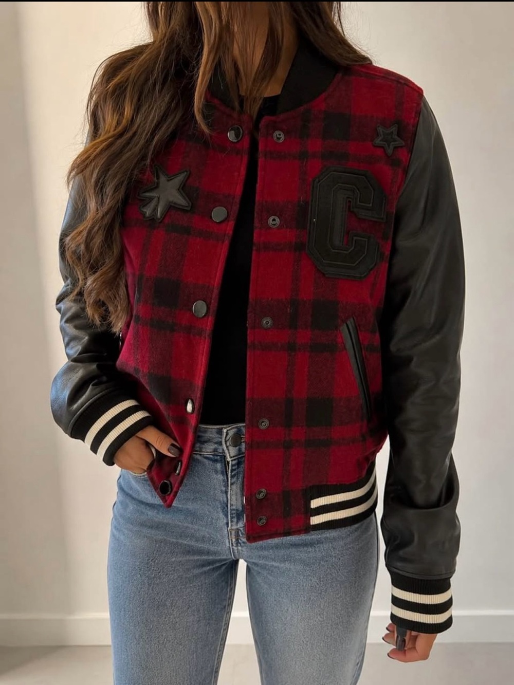 Coach Red & Black Plaid Varsity Jacket with Black Leather Sleeves